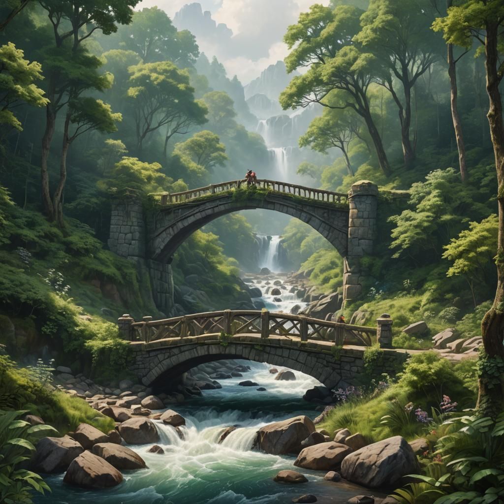 Stone Bridge in Lush Forest: Fantasy Concept Art
