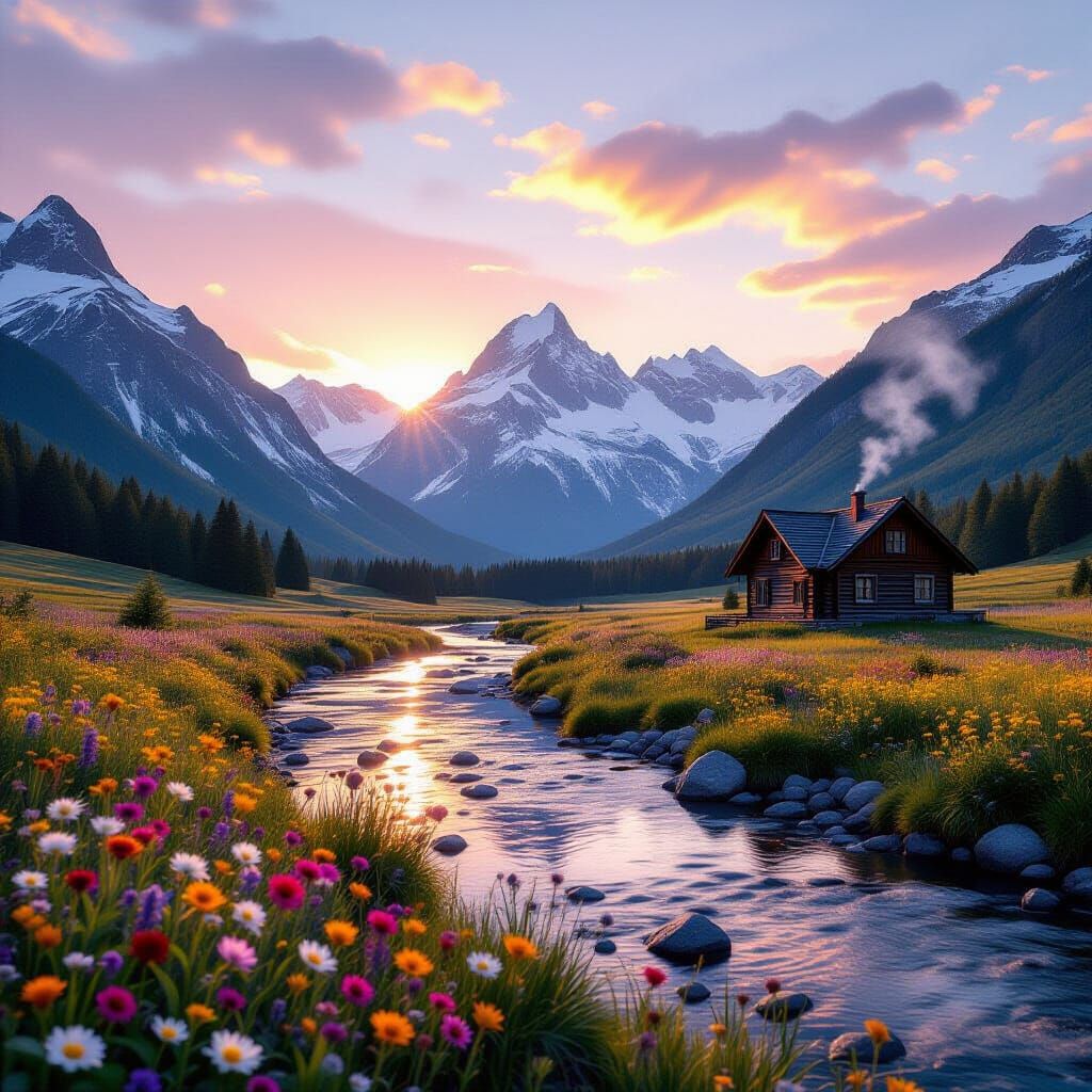 Serene Mountain Valley with River and Cabin