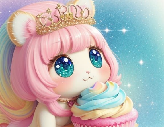 Kawaii Creature Eating Cupcake on Unicorn