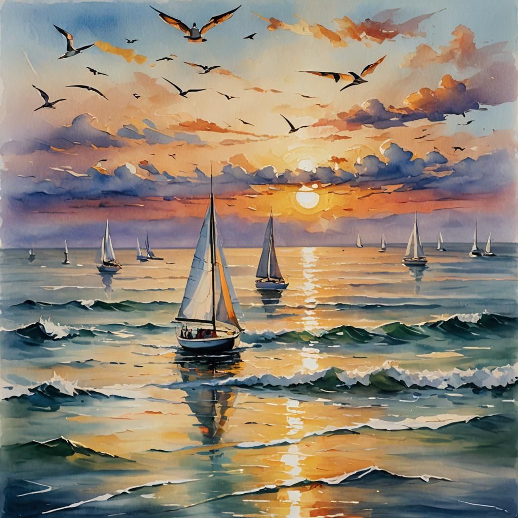 Sailboat on Serene Ocean as Impasto Oil Painting