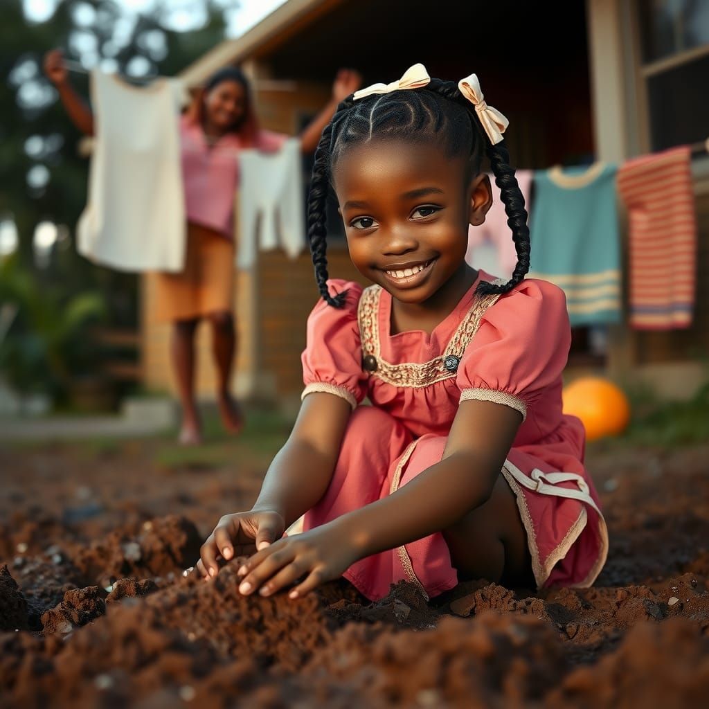 Happy Black Girl Makes Mud Pies in 1960s Scene