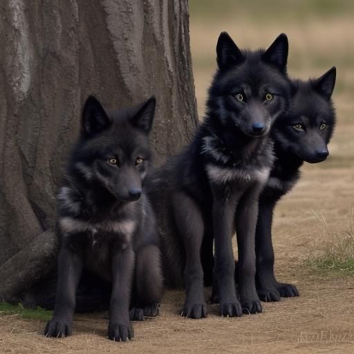 Four Black Wolf Pups Together