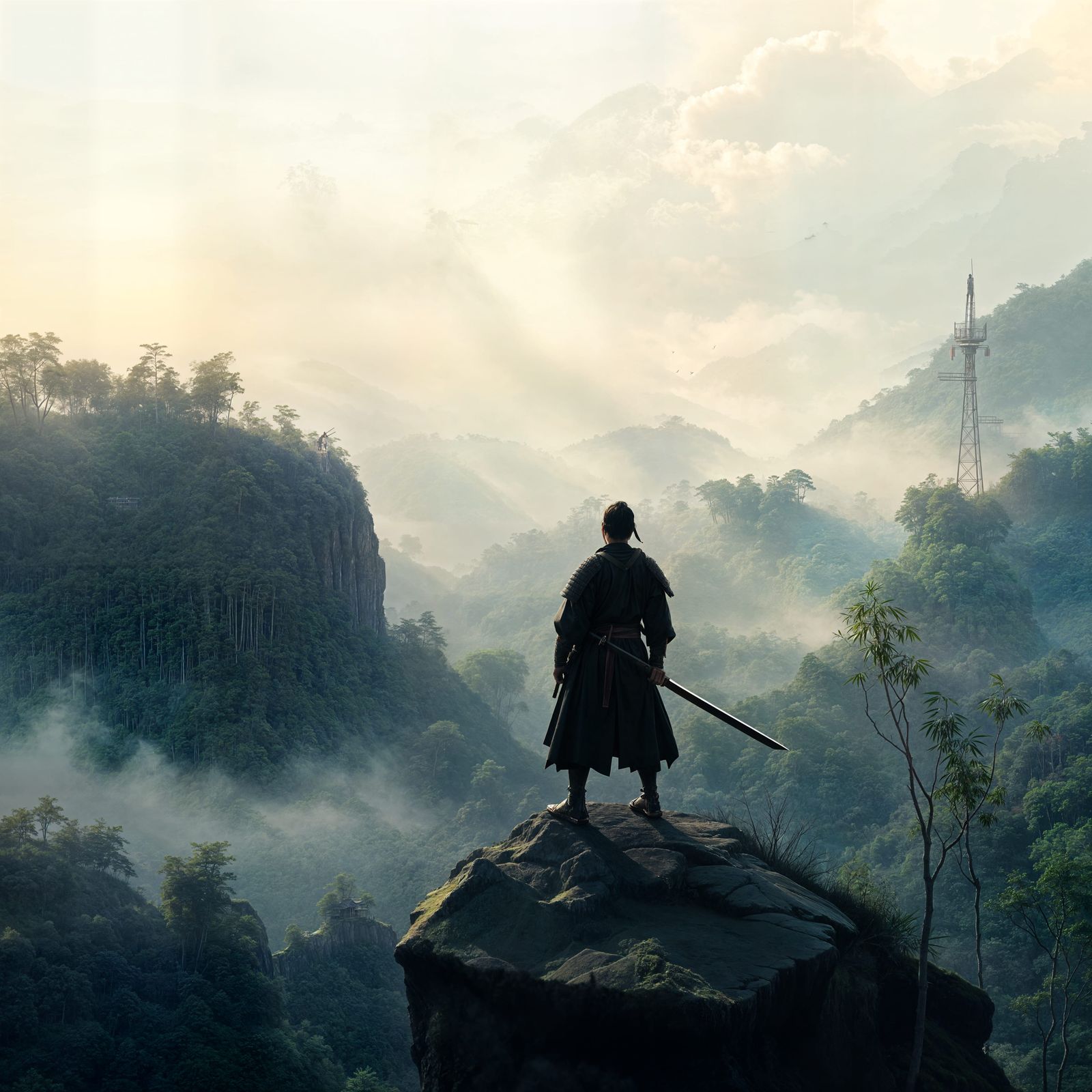 Samurai Warrior on Misty Cliff in Zen Style