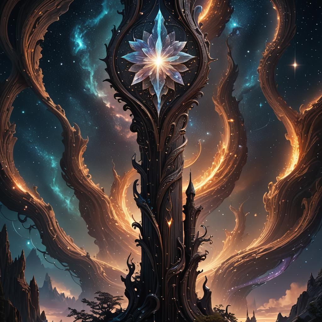 Celestial Staff with Crystal in Starry Sky