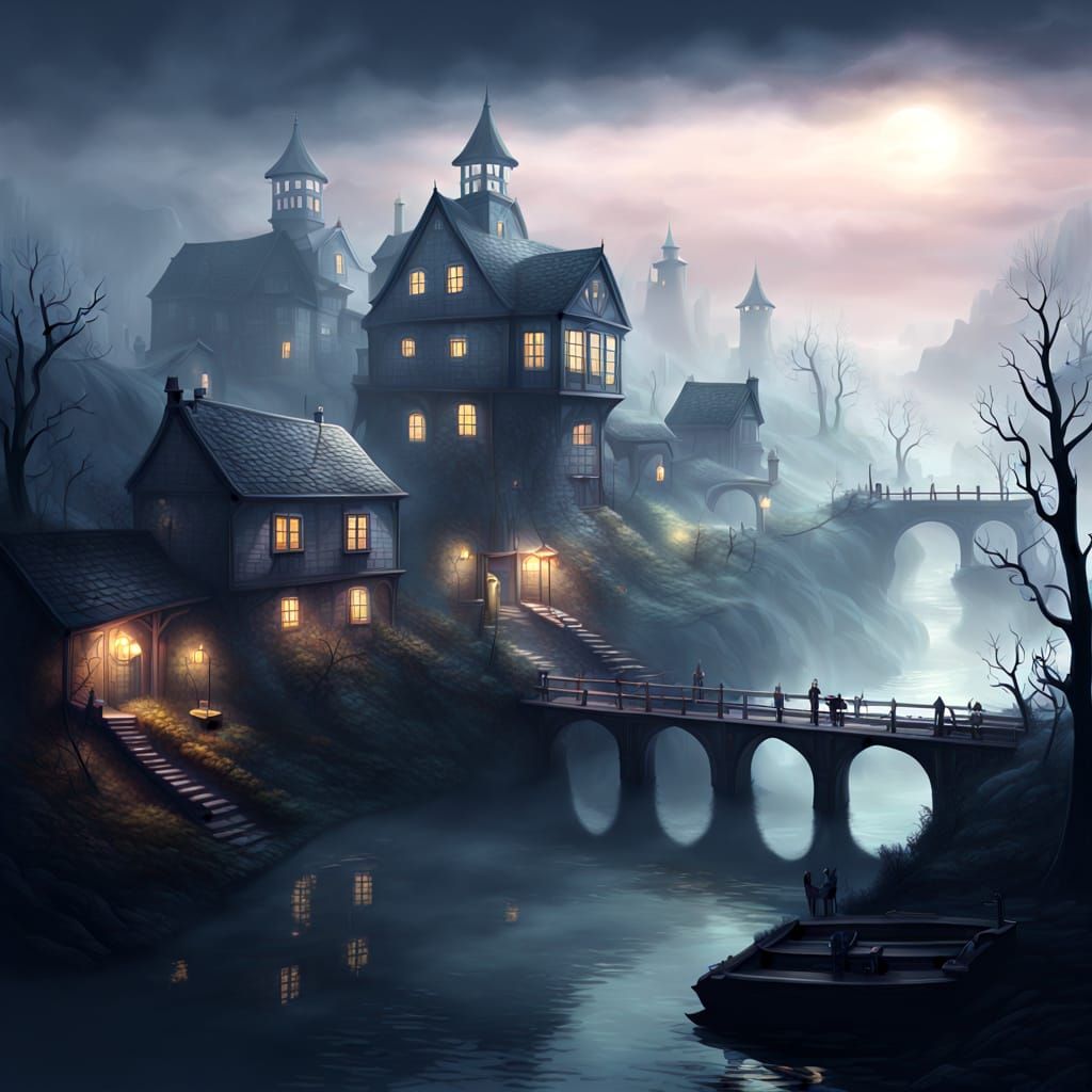 Dreamlike Foggy Settlement in Surrealism Style