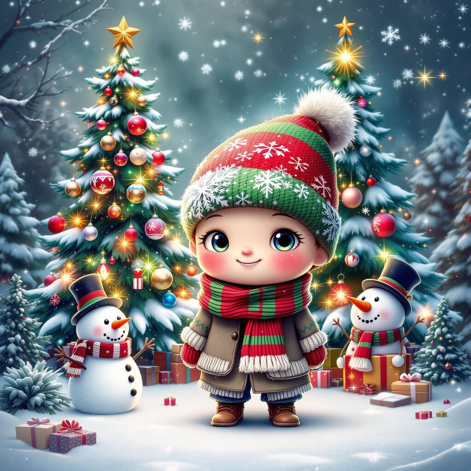 Whimsical Winter Wonderland Chibi Christmas Scene in Vibrant...