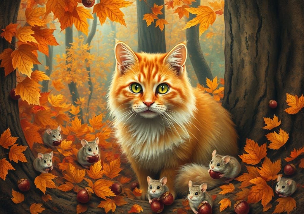 Golden Cat in Autumn Forest with Mice