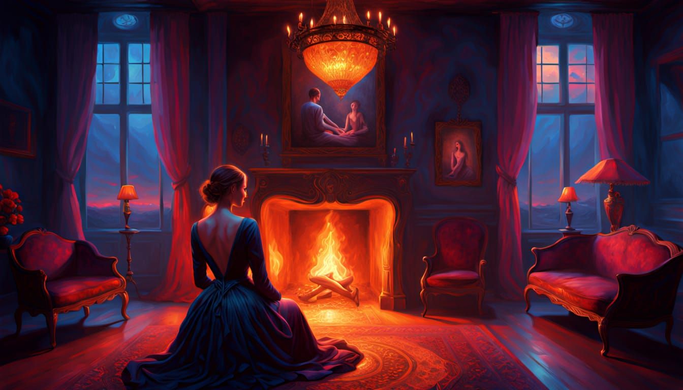 Mystical Twilight Lover in Embers, Vibrant Oil Painting