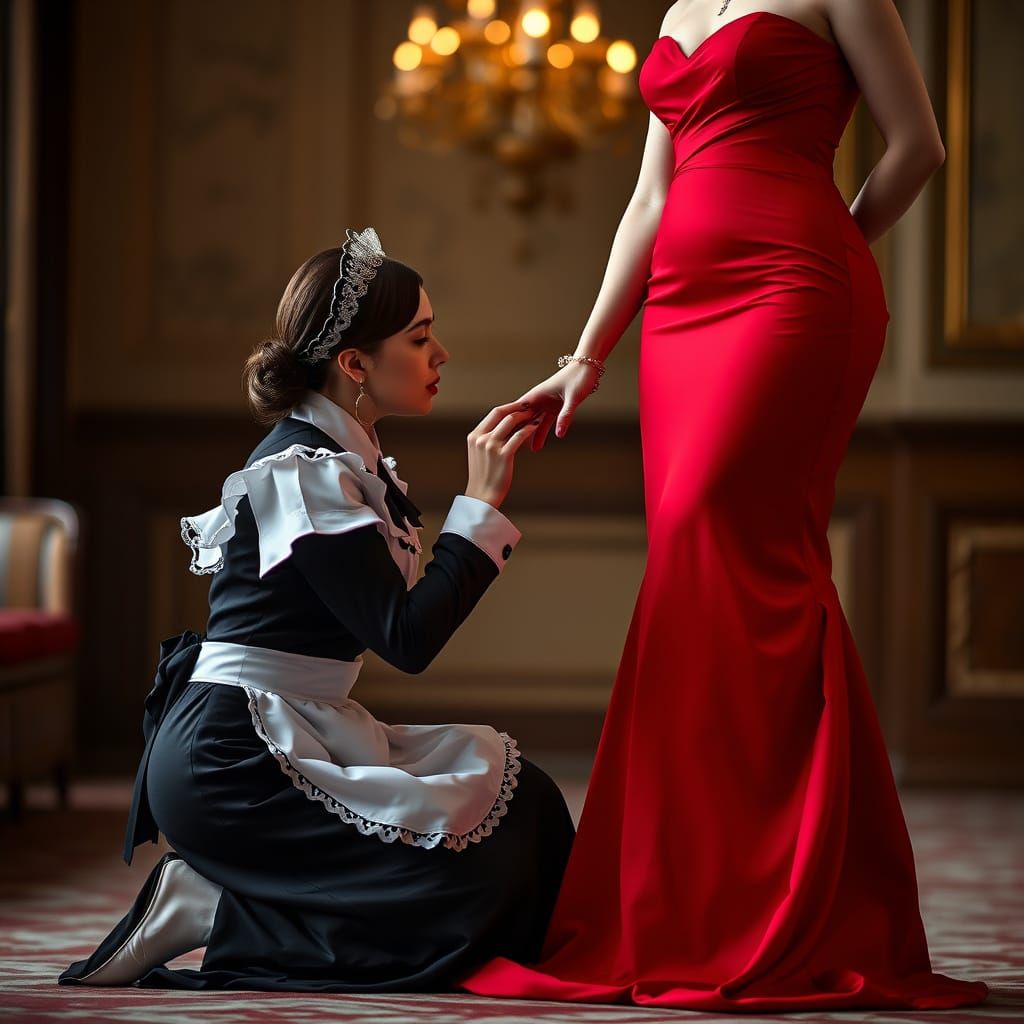 Maid Kisses Hand of Mistress in Red Gown