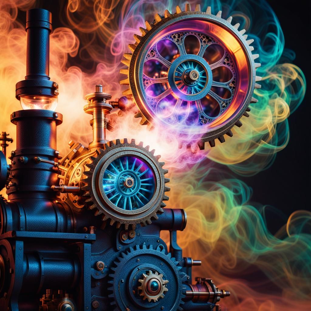 Steampunk Engine in Surreal Astral Landscape
