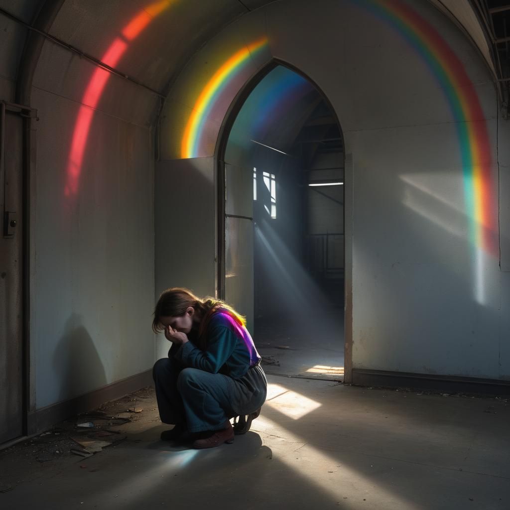 Rainbow Light on a Lost Woman in Basement