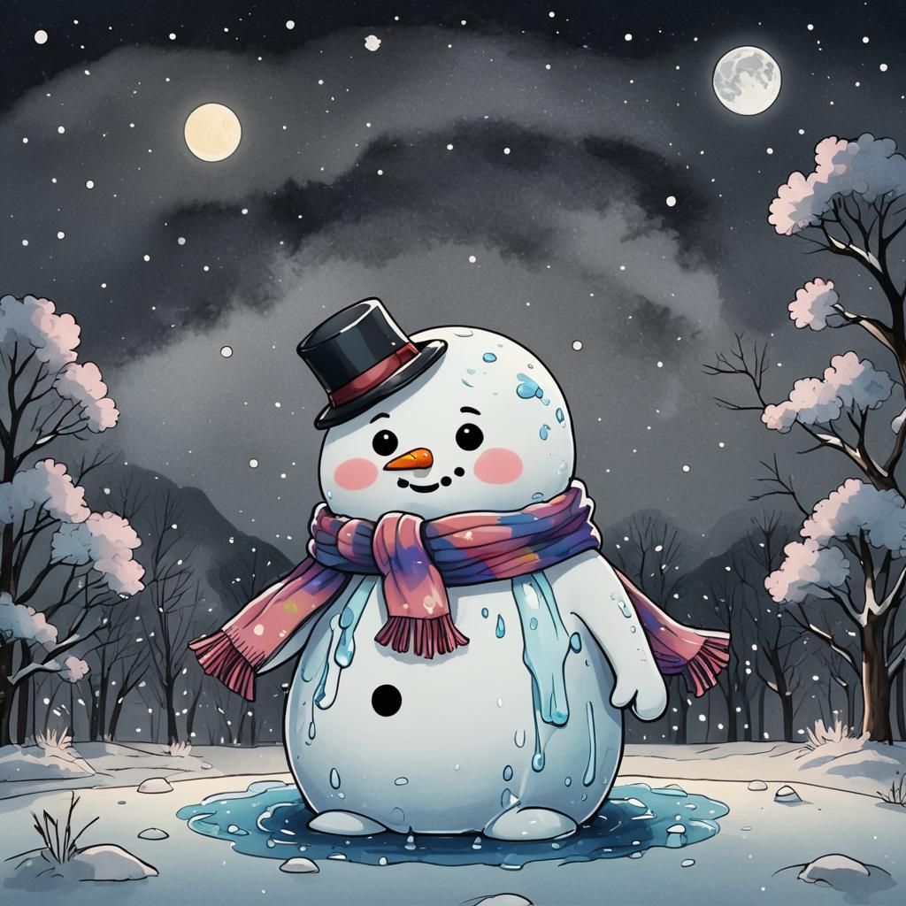Sad Kawaii Snowman Melts Under Moonlight