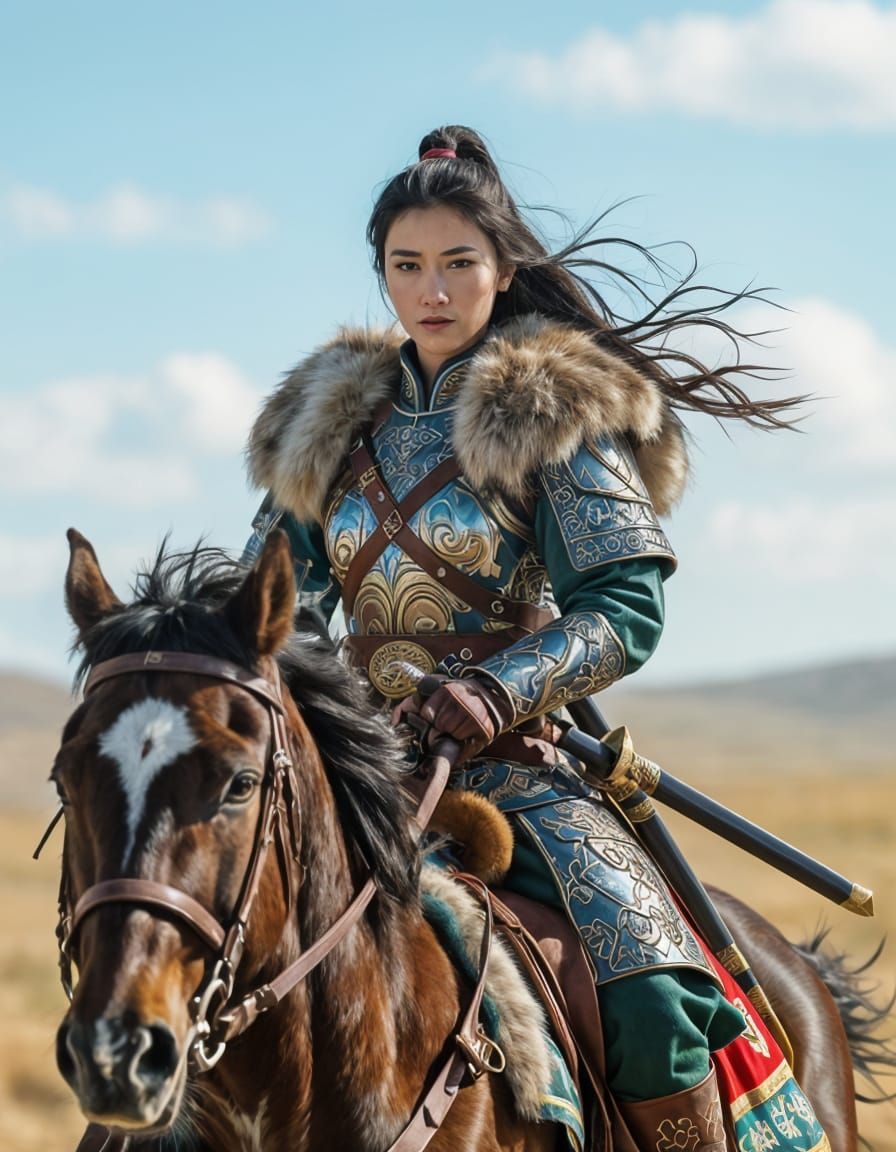 Mongol Warrior Woman on Horseback in Steppe
