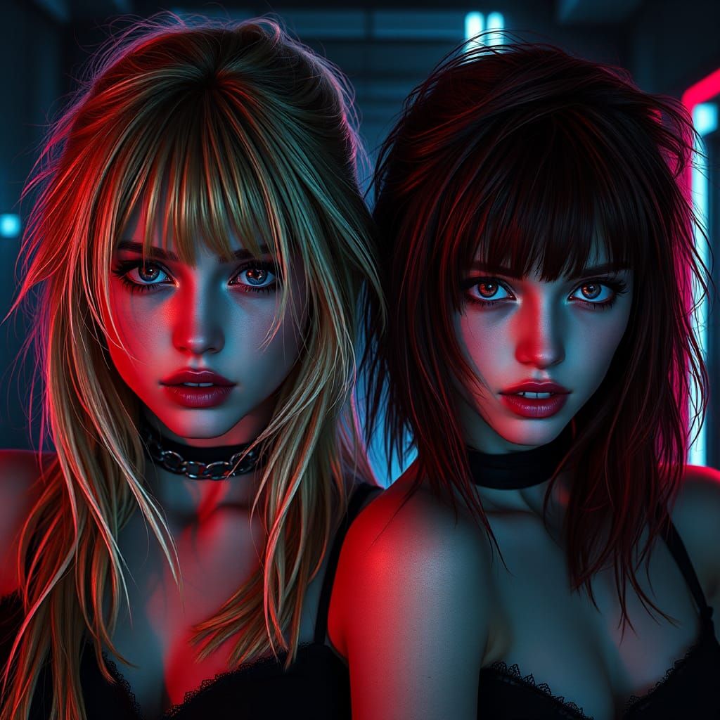 Hyperrealistic Cyberpunk Portrait of Twin Women
