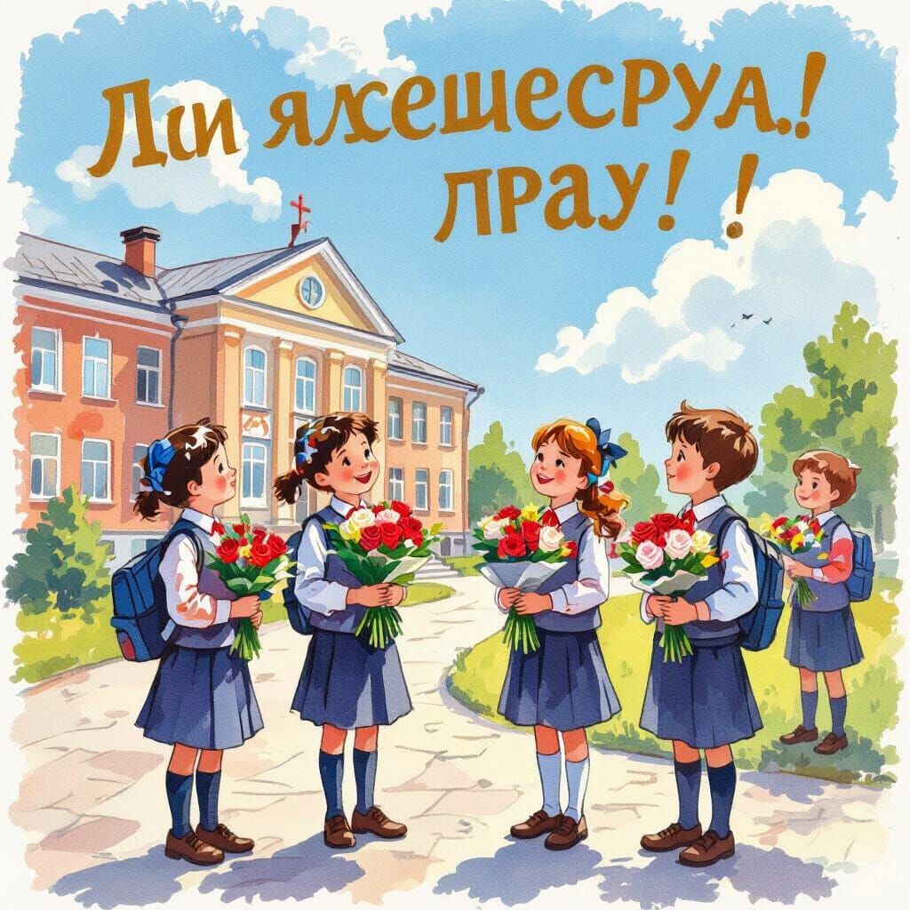 Schoolchildren with Roses in Russian Folk Art