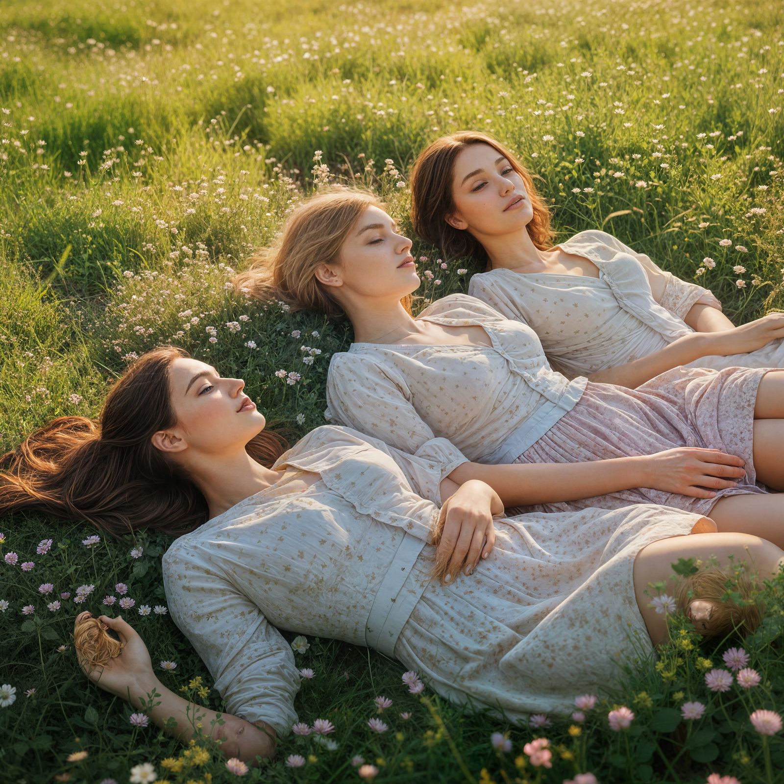 Blonde, Redhead, and Brunette in Clover Field at Sunrise