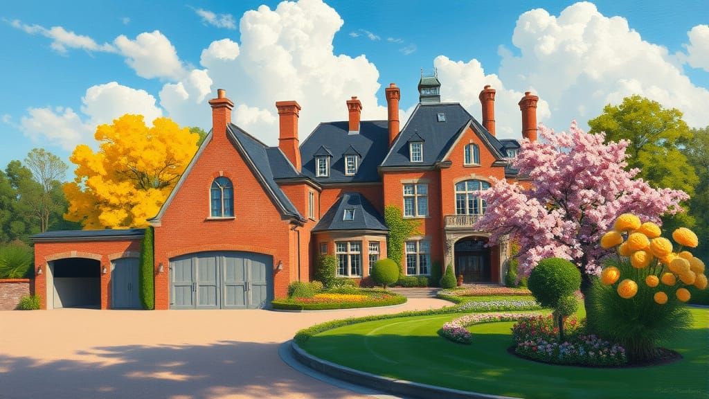 Grand Brick Chateau with Vibrant Gardens and Painterly Sky