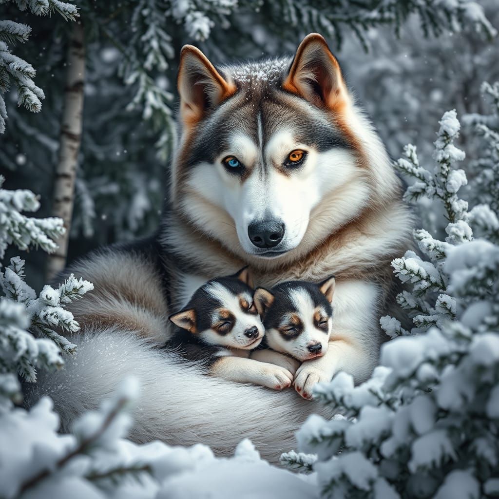 Siberian Husky Mother and Puppies in Winter