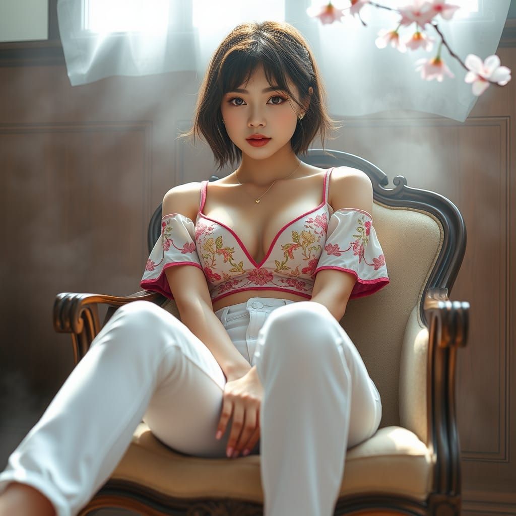 Photorealistic Woman in Cherry Blossom Textures and Embroide...