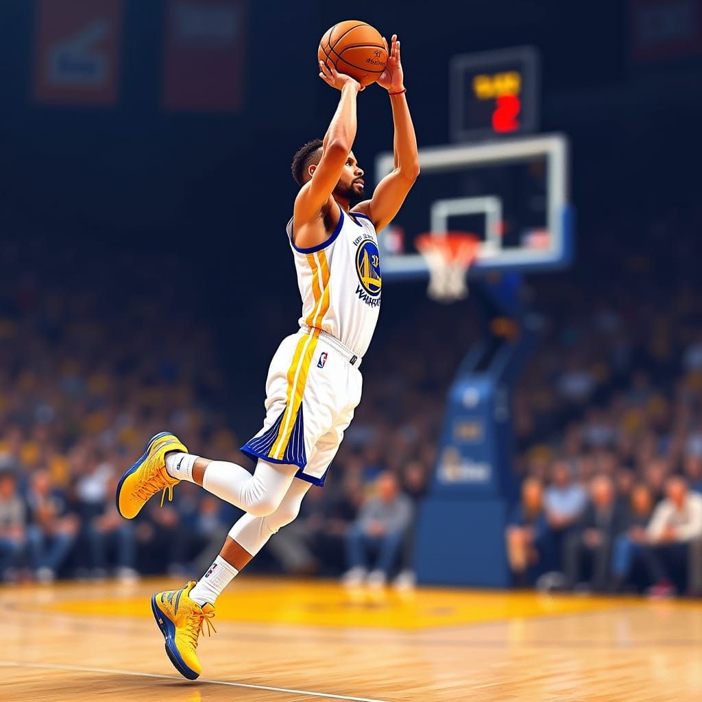 NBA Star Steph Curry in Mid-Air, Golden State Warriors Jerse...