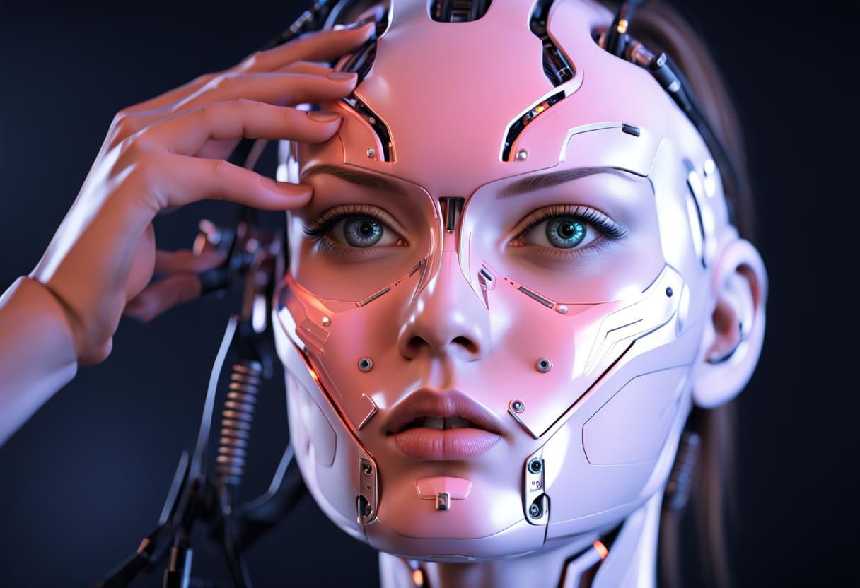 Beautiful Female Cyborg Adjusting Faceplate Panels
