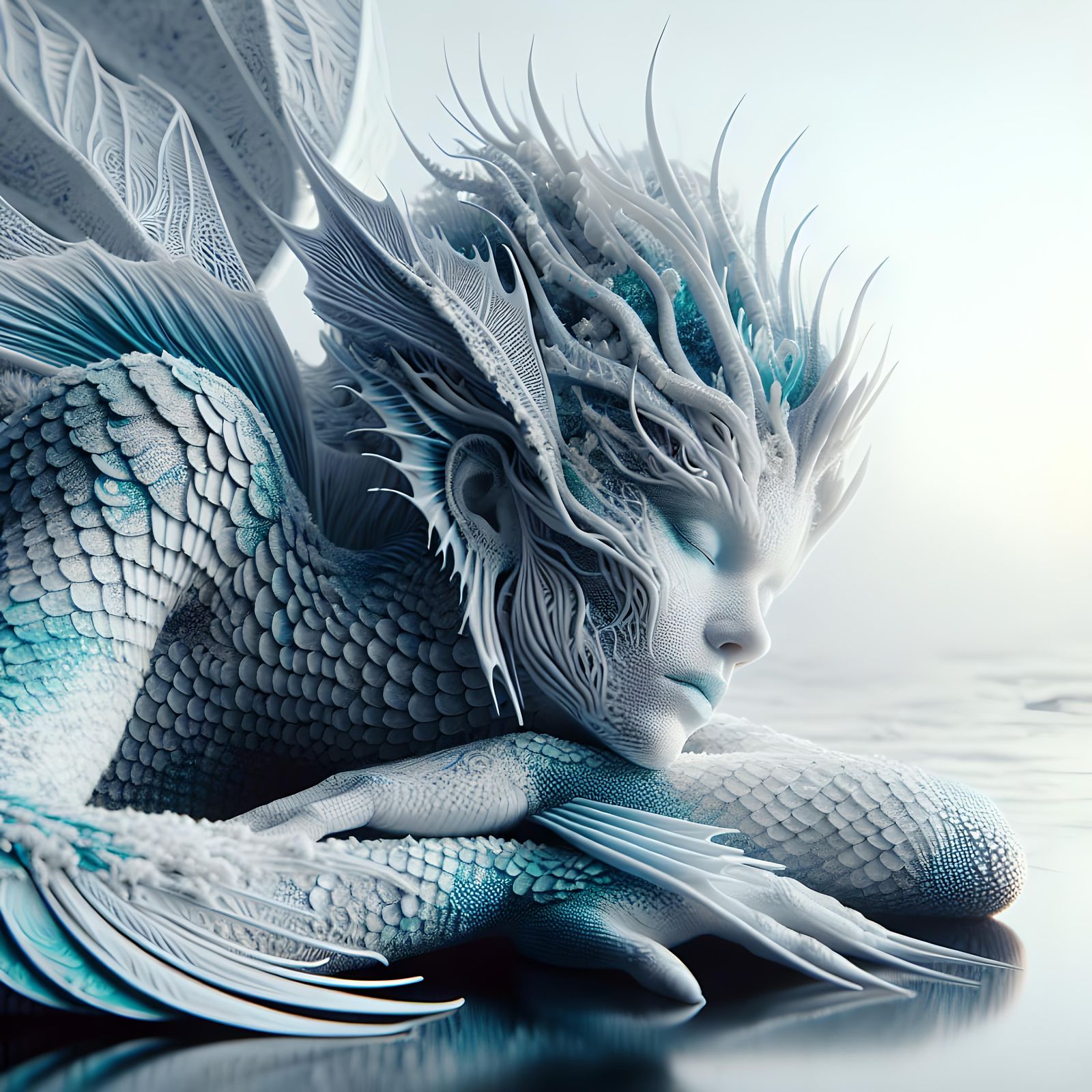 Hyperrealistic Mermaid Sleeping Peacefully in White and Blue