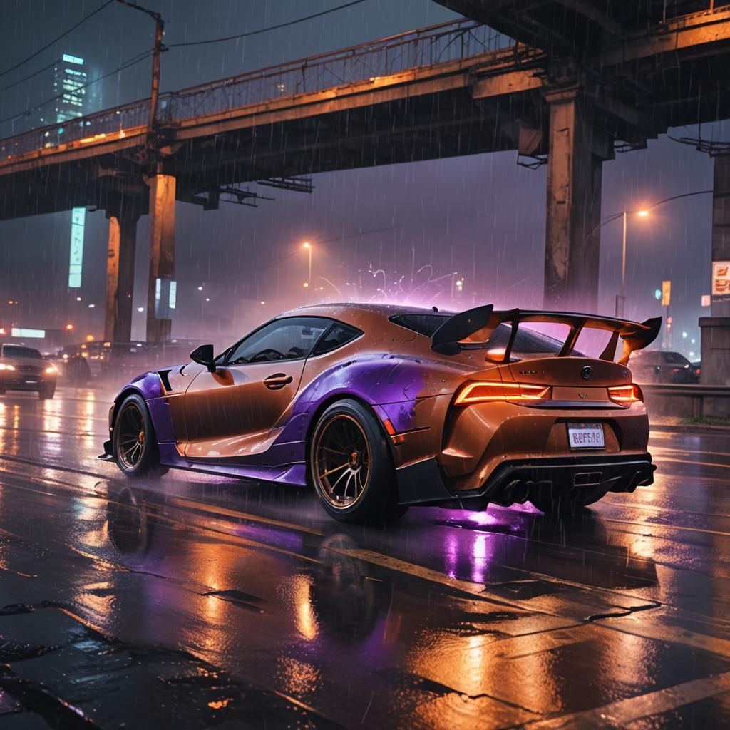 Matte Black Supra Drifting Under City Bridge at Night