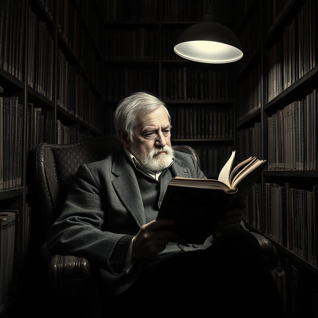 Elderly Man Reading in a Cozy Library Setting