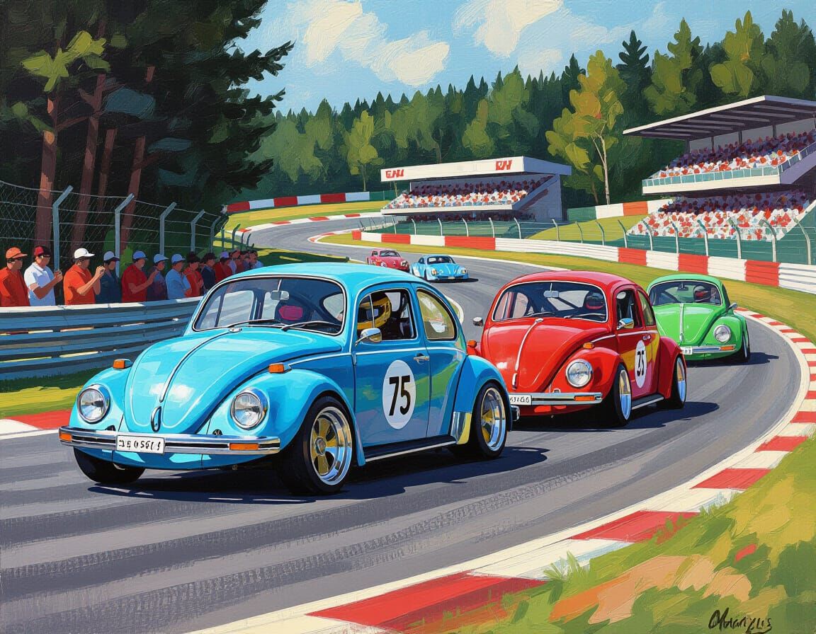 Volkswagen Beetles Race at Spa in Neo-Impressionist Style