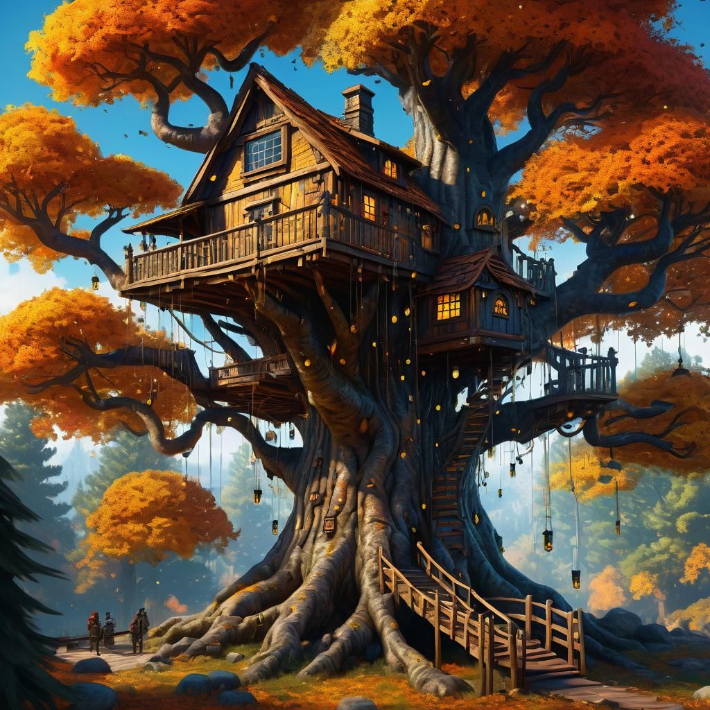 Treehouse Fantasy Art with Fireflies in Autumn Colors