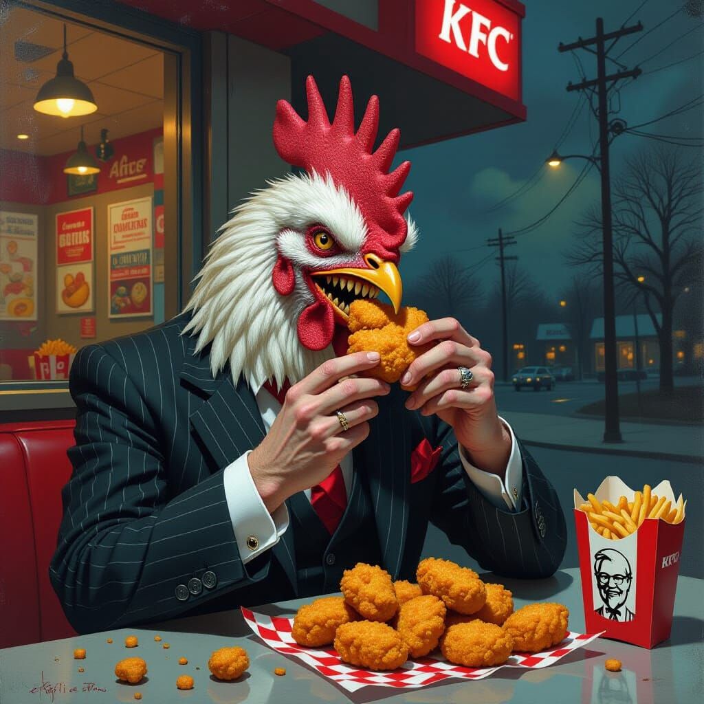Surreal Humanoid Chicken Devouring Nuggets in Dark Horror St...