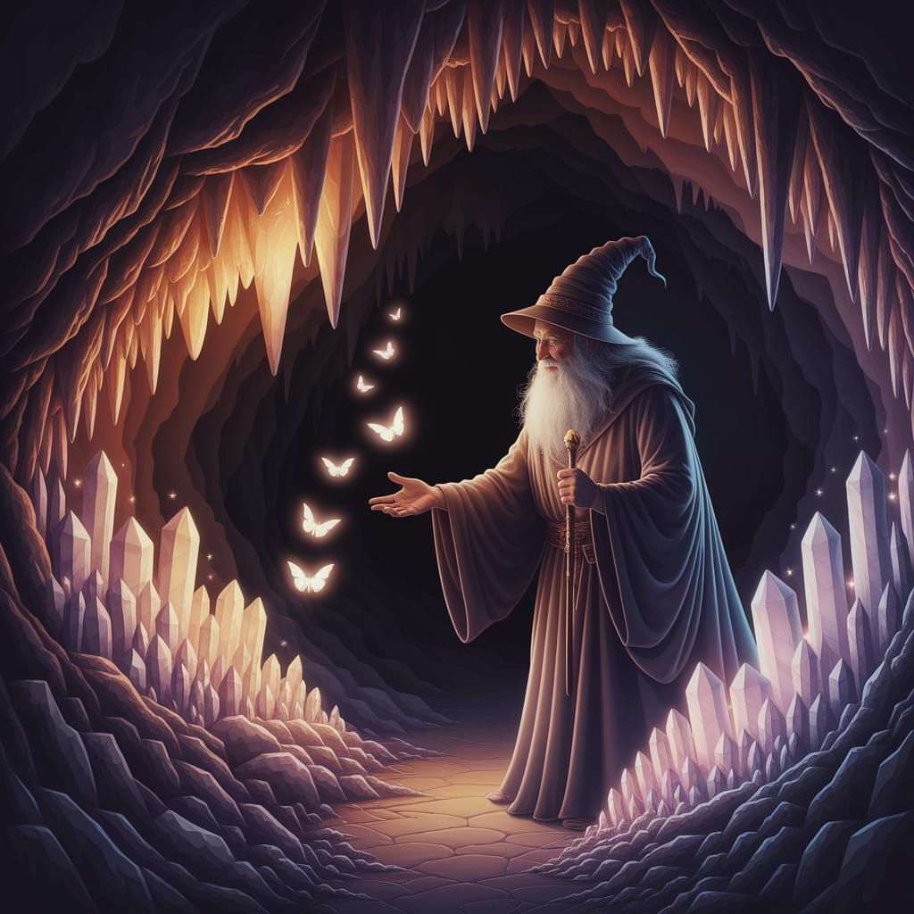 Wise Wizard Illuminates Spectral Butterflies in Crystal Cave