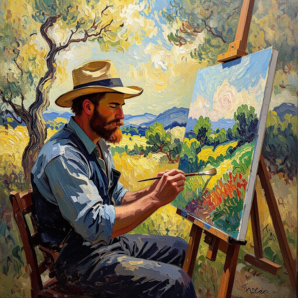 Painter Captures Landscape with Bold Brushstrokes in Impasto...