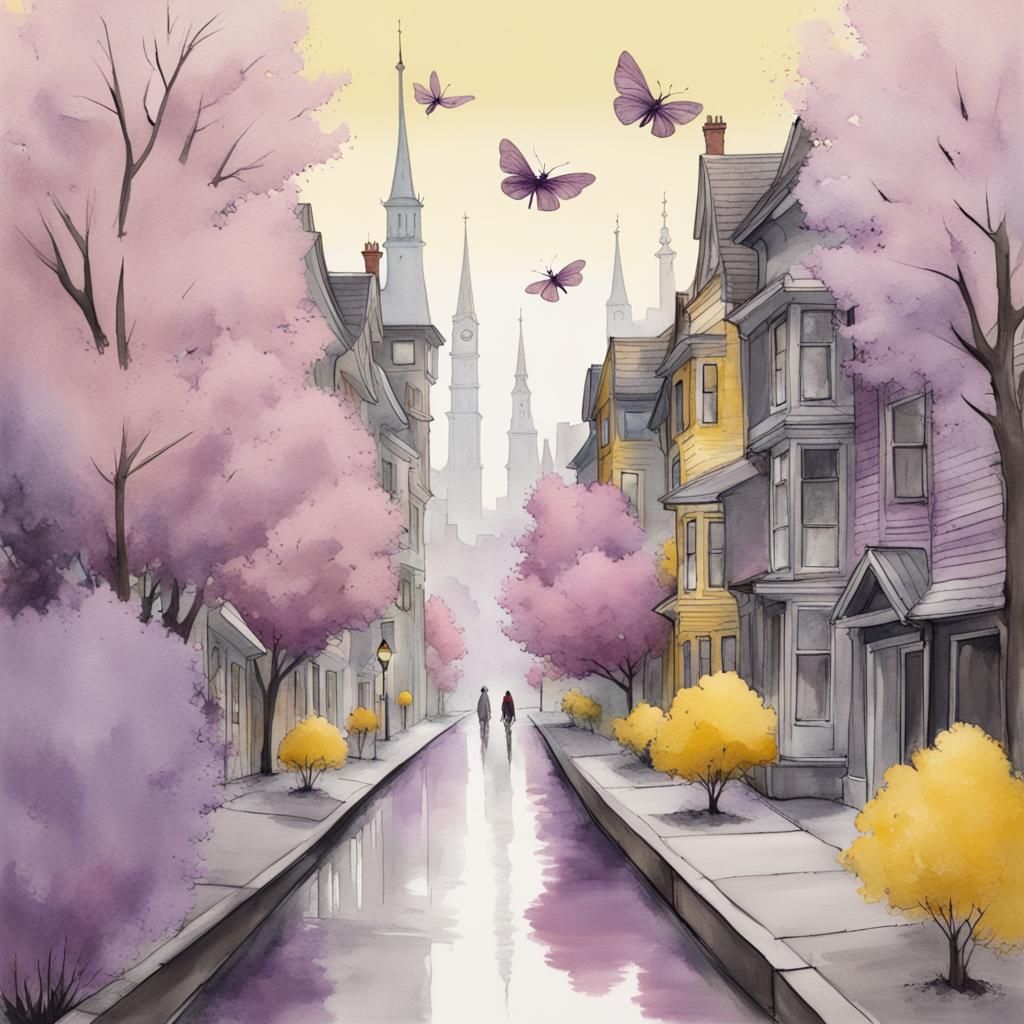 Surreal Old Town with Giant Bugs in Pastel Ink