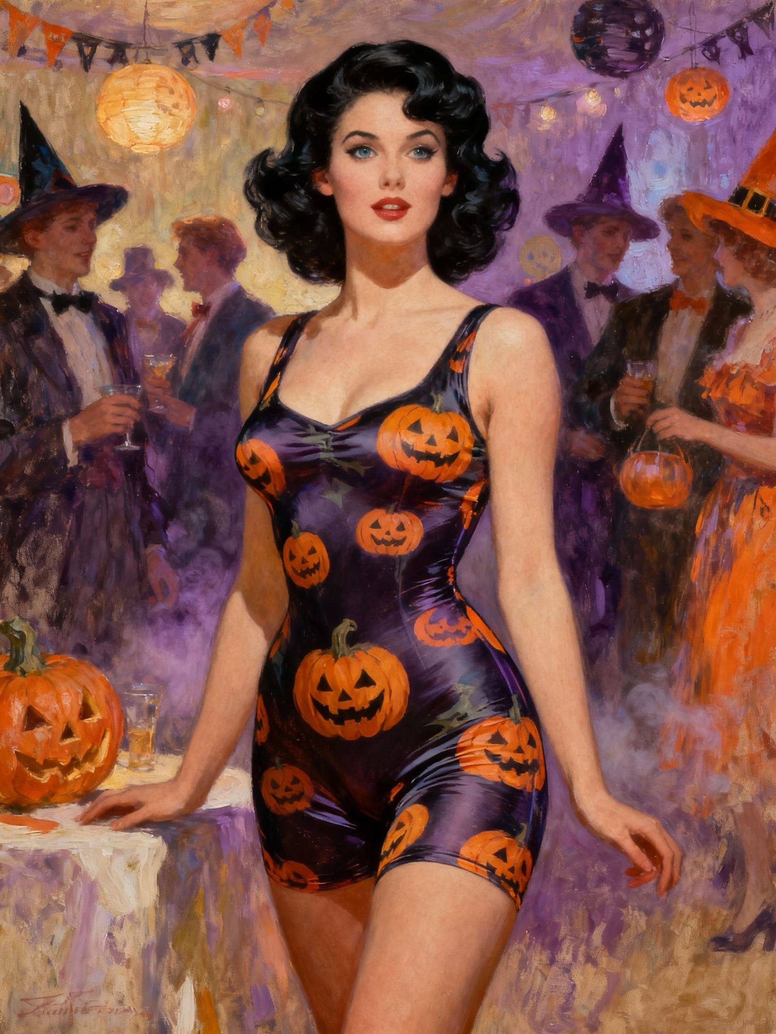 Pin-Up Woman at Halloween Party in Atmospheric Style