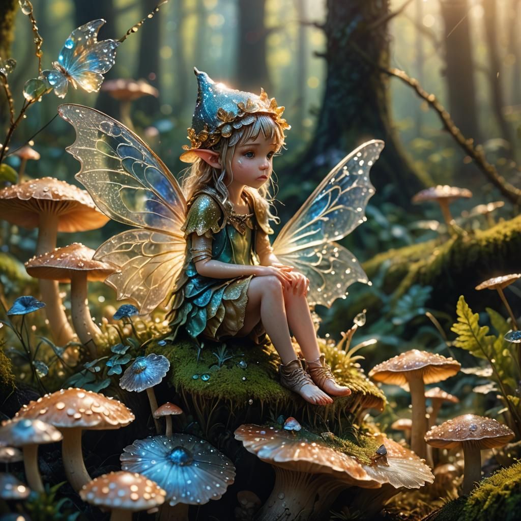 Dewy Fairy on Mushroom in Forest, Macro Photo
