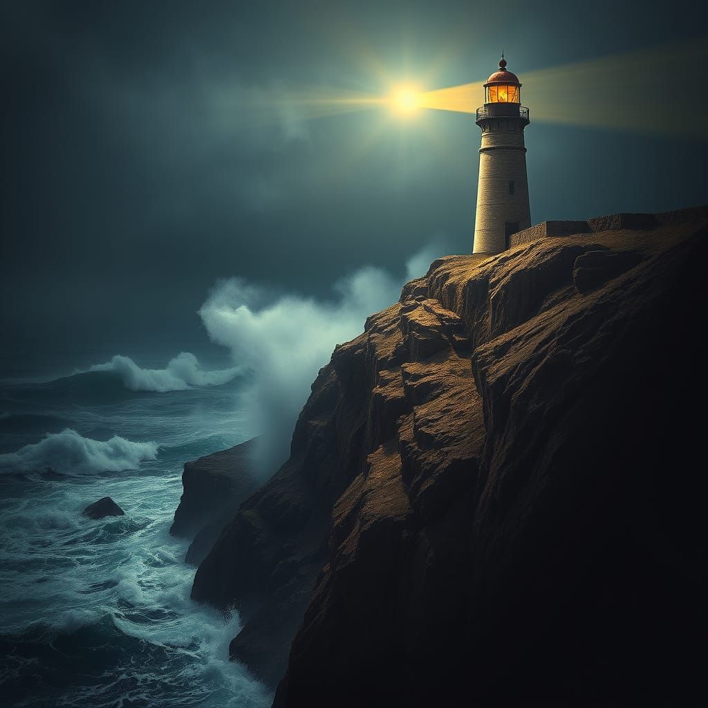 Weathered Lighthouse on Rocky Cliff, Golden Light Against Tu...