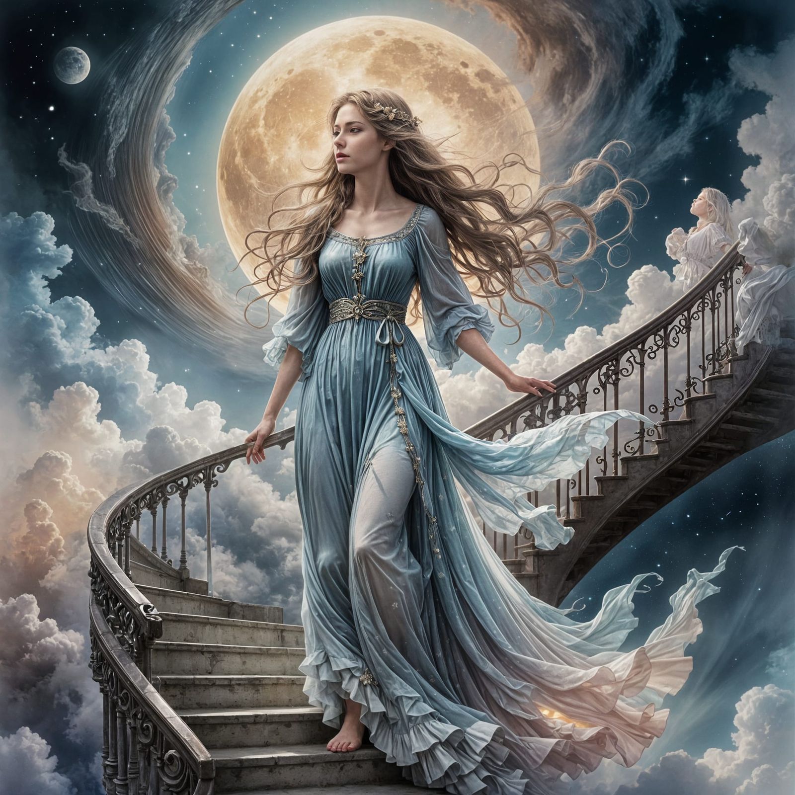 Athena Descending to the Heavens in Dreamy Watercolor Style