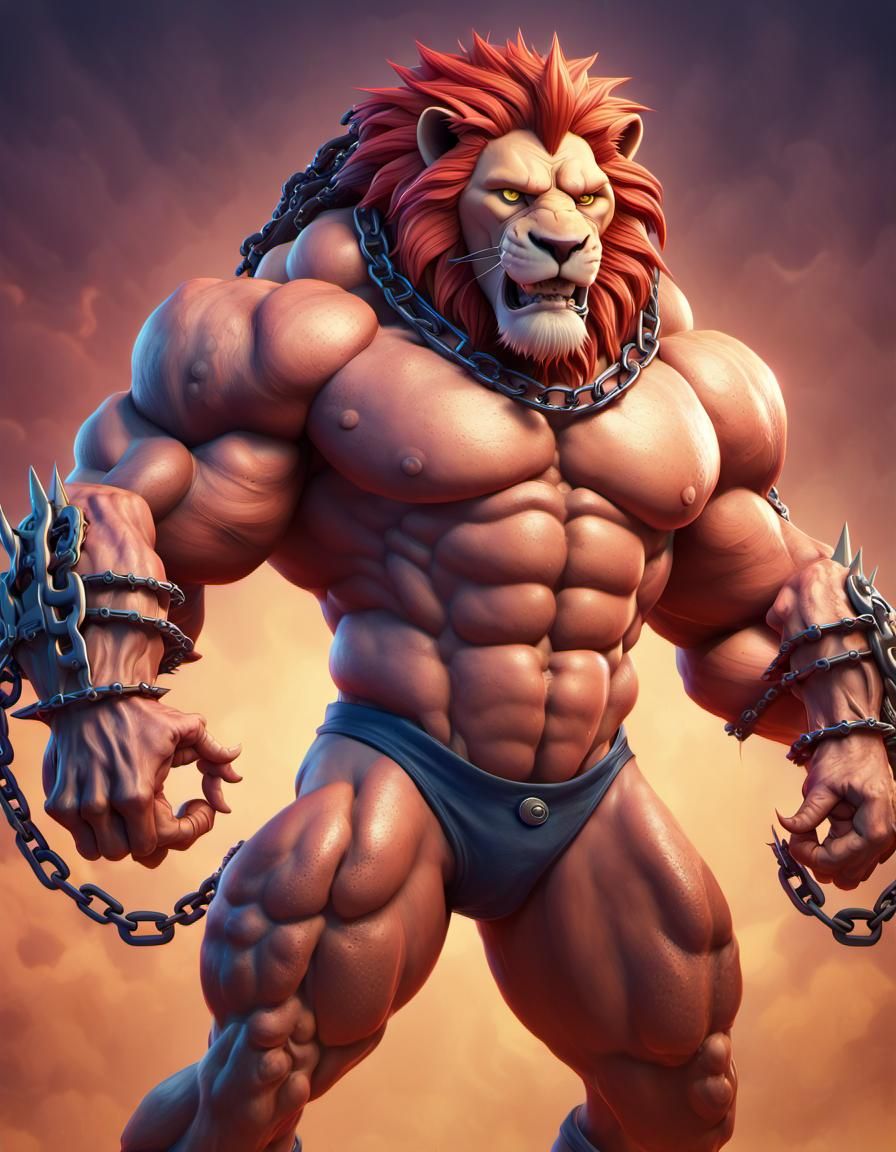 anthropomorphic lion man with massive muscular muscle ,8k resolution concept art with chains,spikes and huge claws