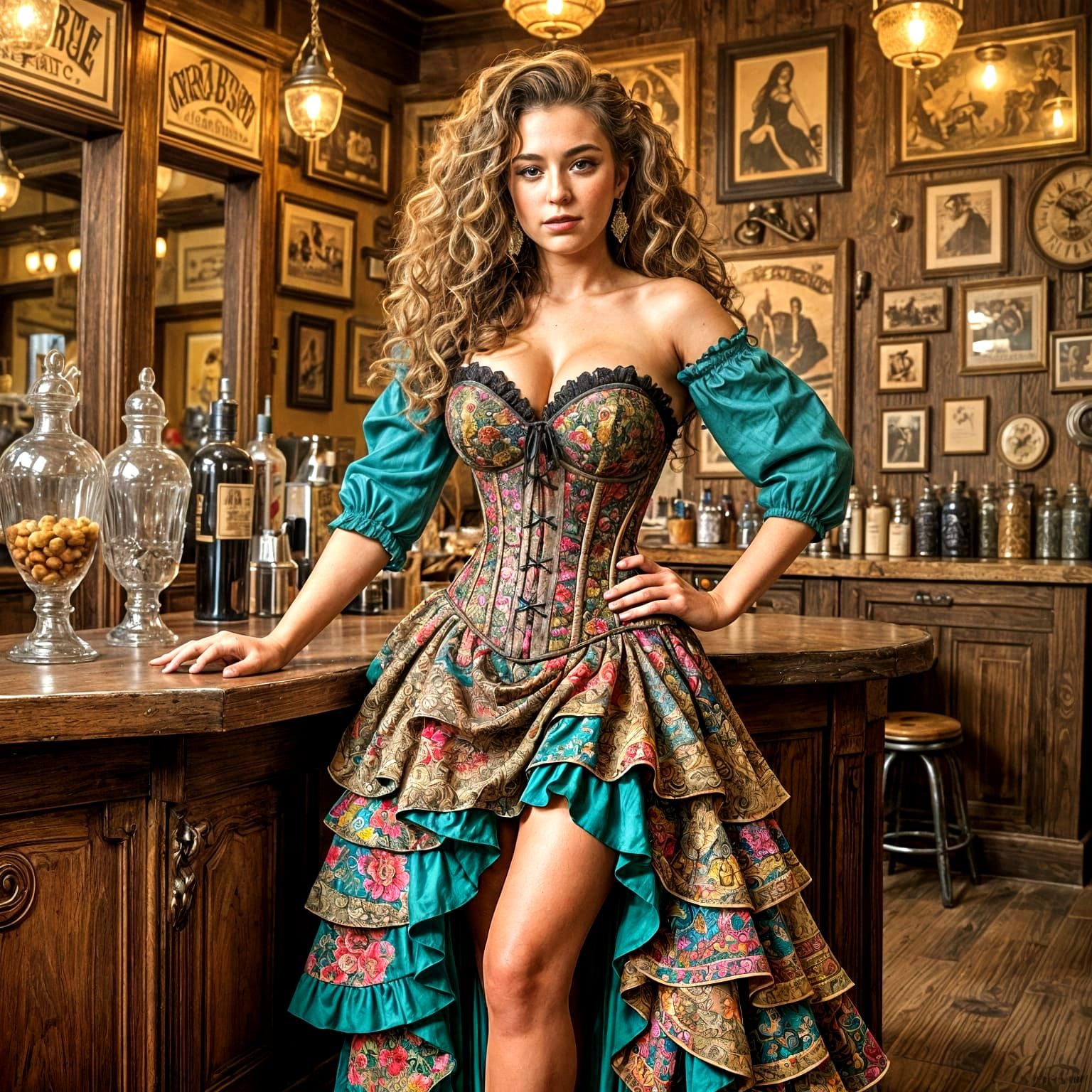 Saloon Girl in Colorful Dress Leaning on Counter