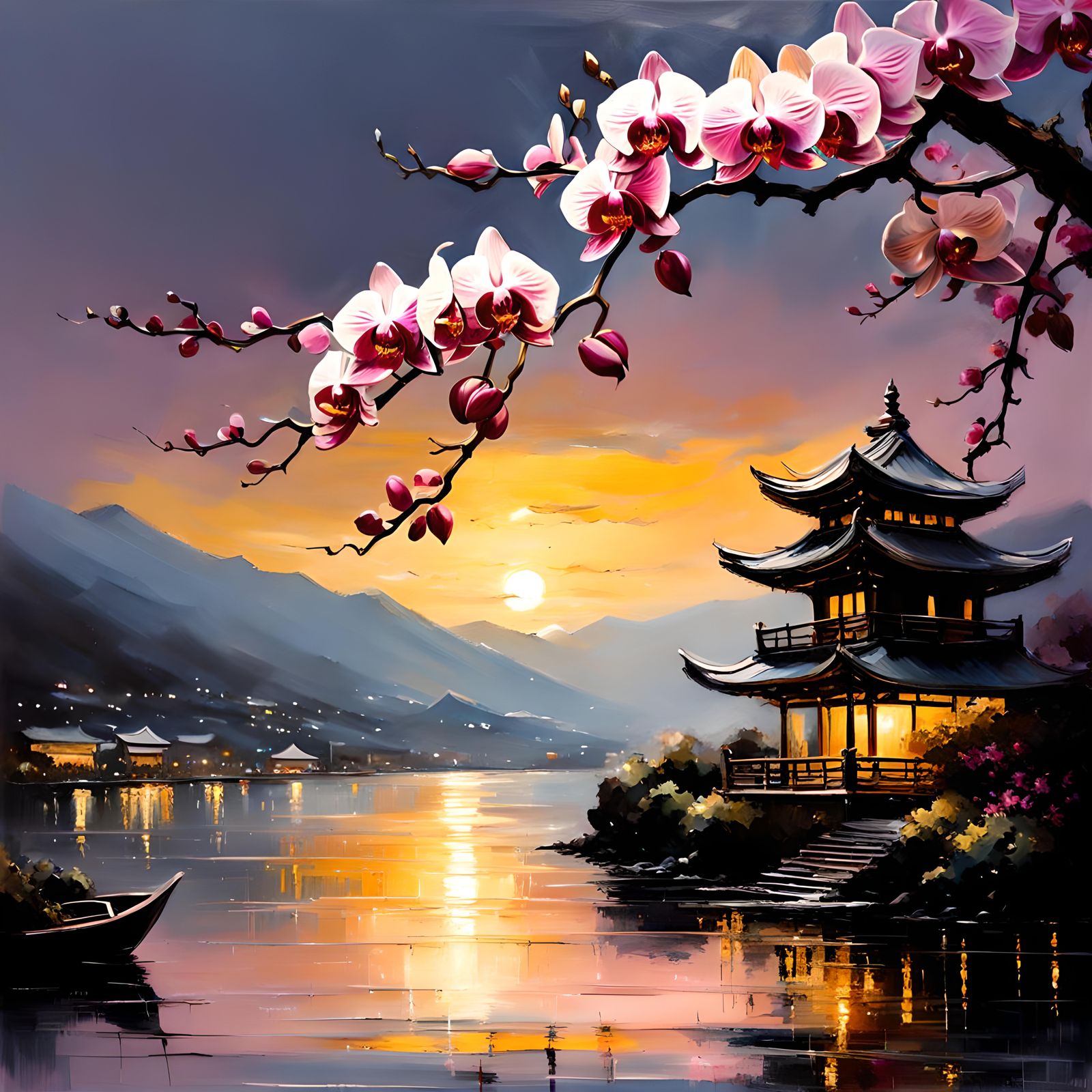 Orchid Ikebana Impasto Painting with Mountain Lake