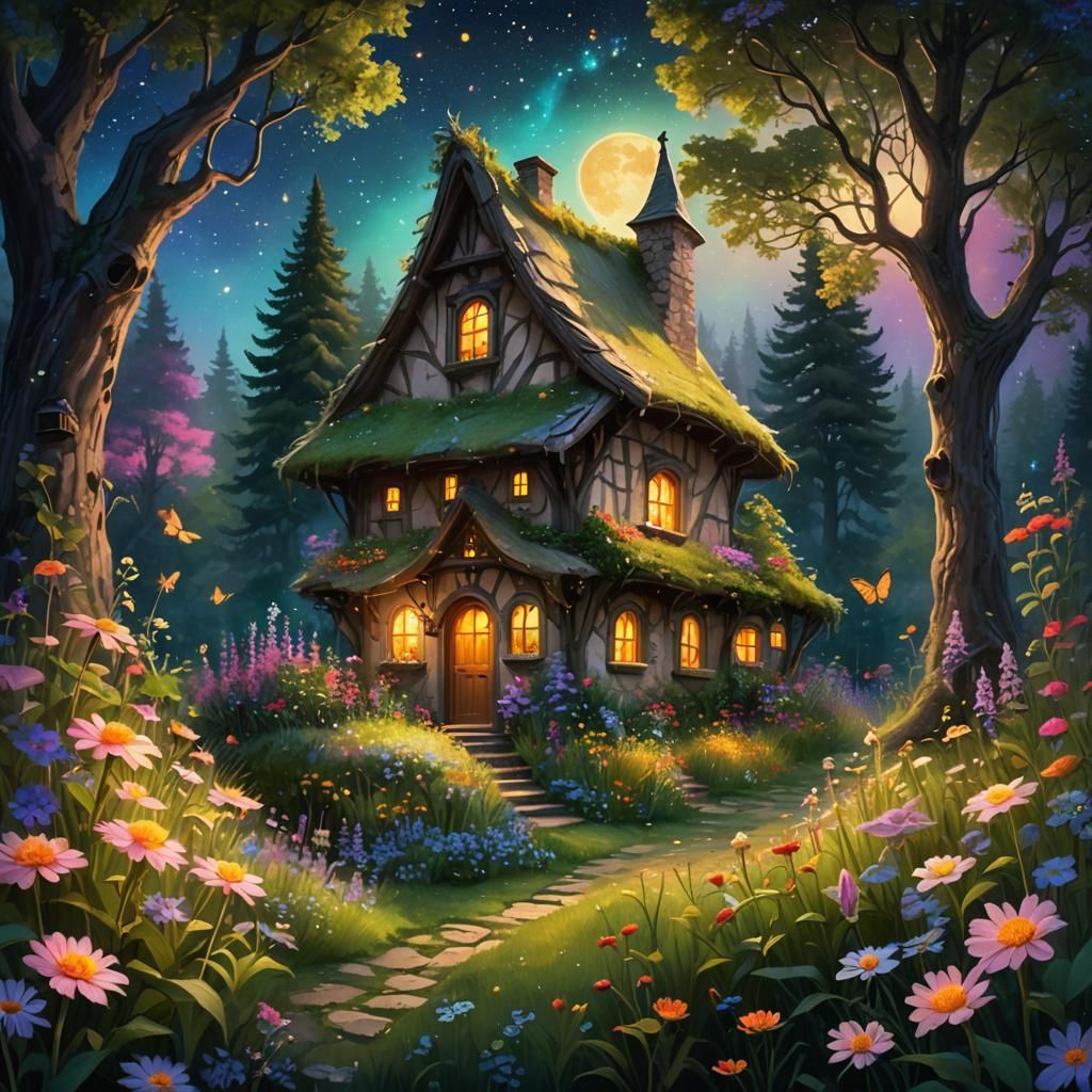Enchanted Cottage in Flower Forest Under Starry Sky