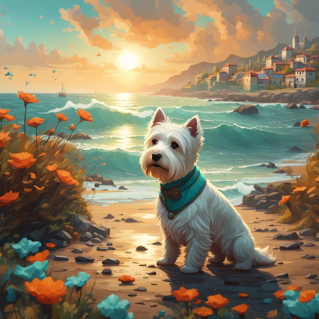 Westies Enjoying Seaside: Hyperdetailed Digital Art