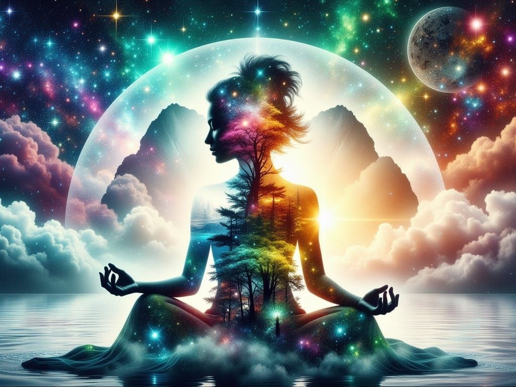 Mystical Meditating Woman in Cosmic Bloom