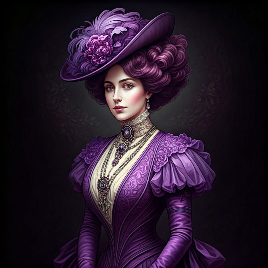 Regal Victorian Lady in Deep Violet and Black