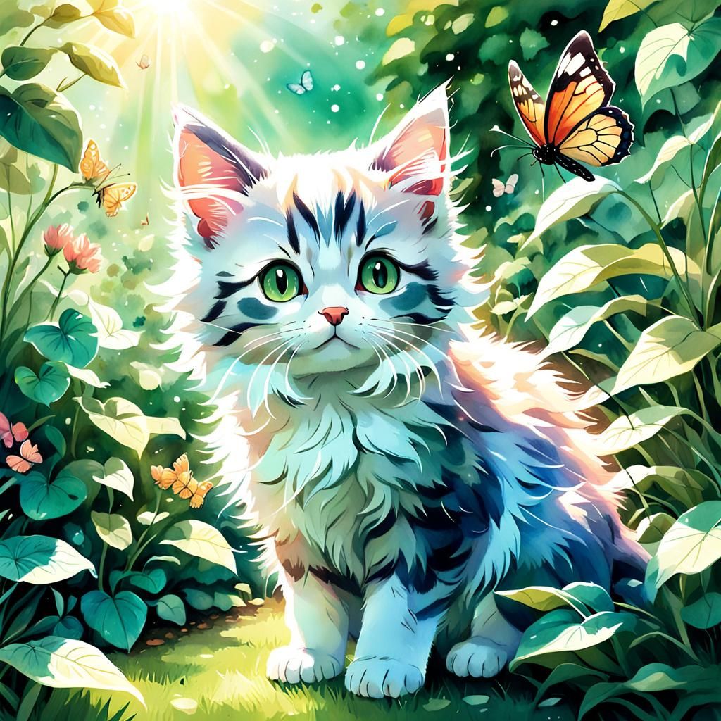 Kitten and Butterfly in Sunny Garden: Anime Key Visual