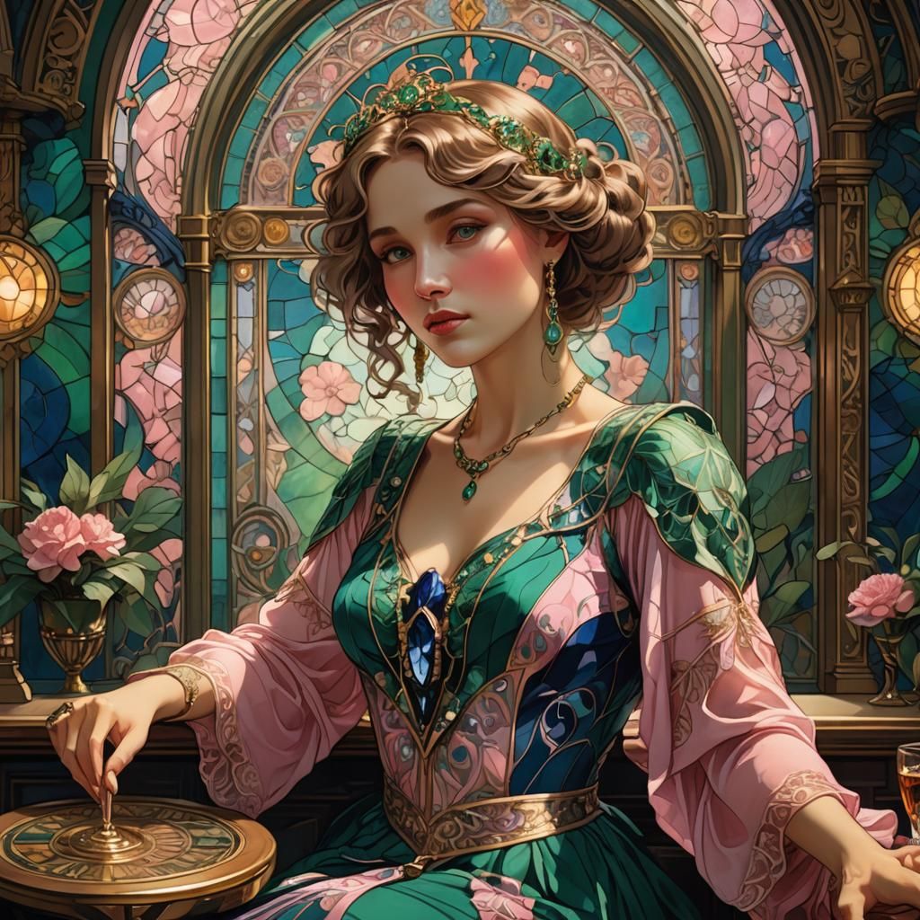 Art Deco Woman in Pink Dress, Mucha Style