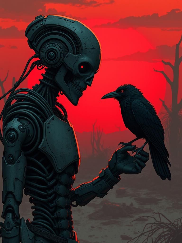 Mutant Cyborg and Crow in Apocalyptic Sunset