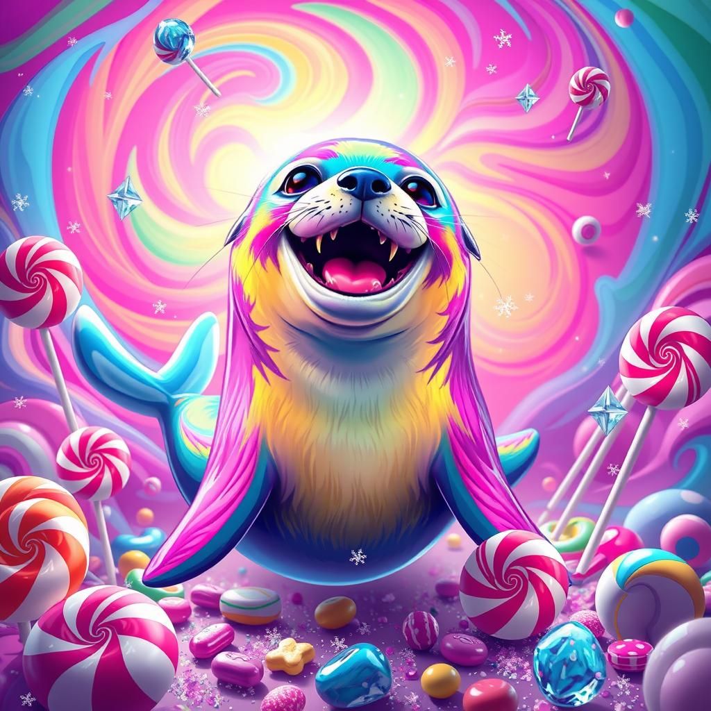 Joyful Seal-Dog-Human-Shark Hybrid in Candyland