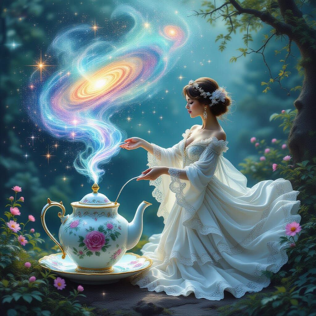 Cosmic Teapot Pouring Galaxies in Ethereal Fantasy